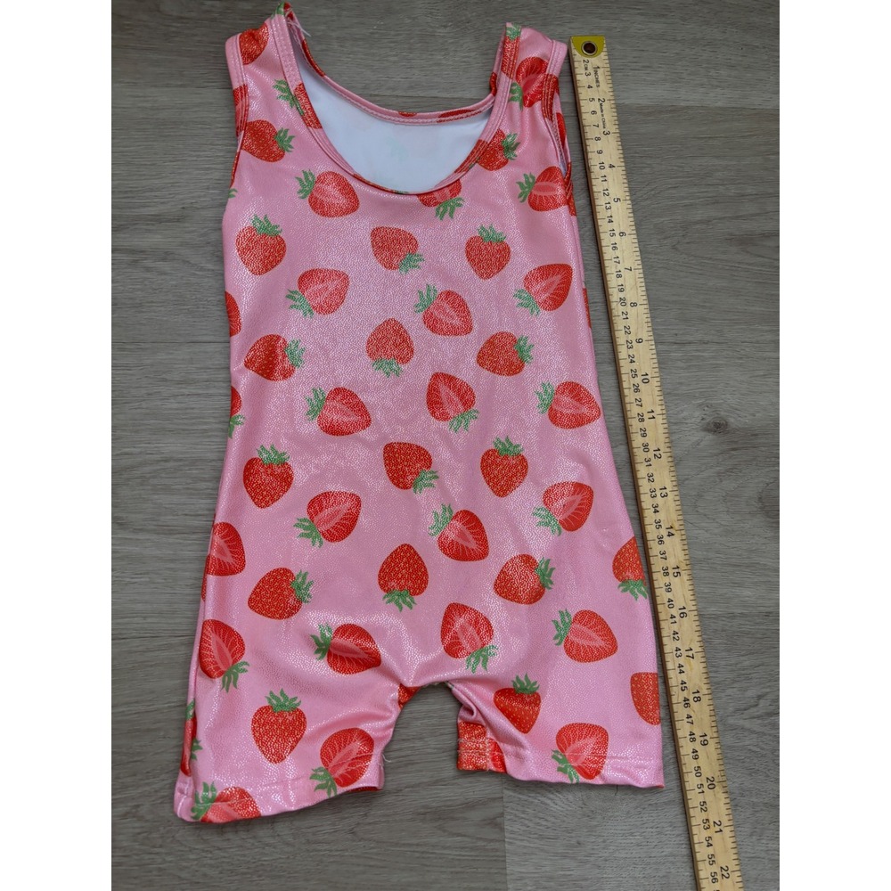 Pink Strawberry Sparkle Gymnastics Biketard Sleeveless Leotard Kids Size XS - Picture 2 of 5
